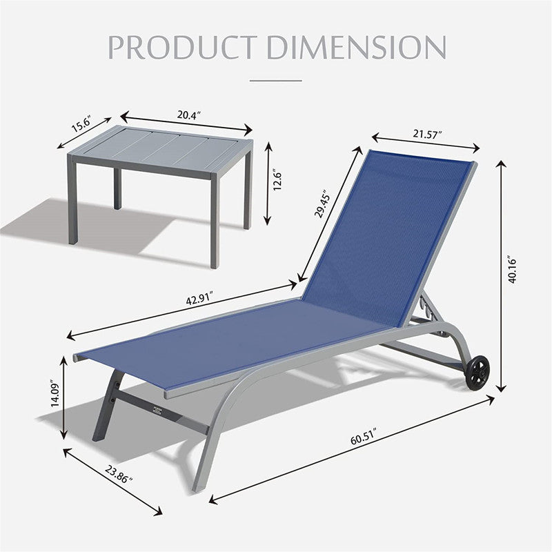 Set of 3 Lounge Chairs for Outside with Wheels 5 Adjustable Position Pool Lounge Chairs