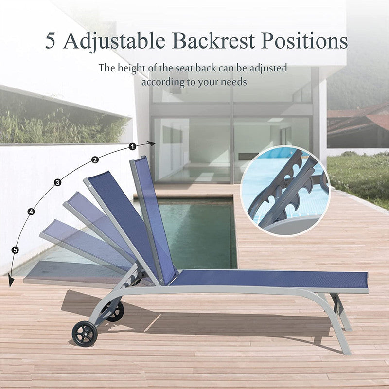 Set of 3 Lounge Chairs for Outside with Wheels 5 Adjustable Position Pool Lounge Chairs