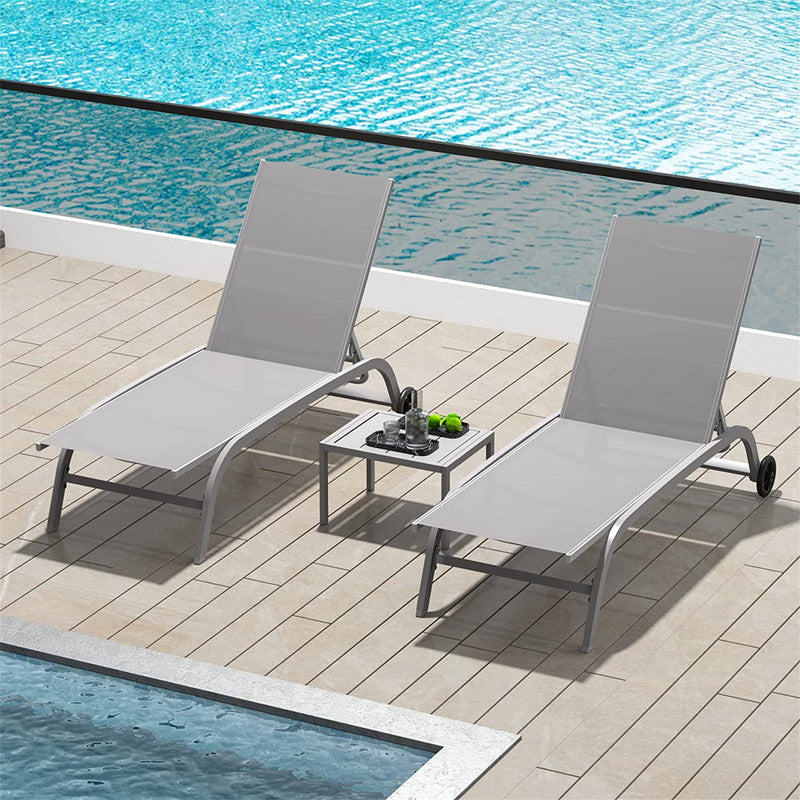 Set of 3 Lounge Chairs for Outside with Wheels 5 Adjustable Position Pool Lounge Chairs