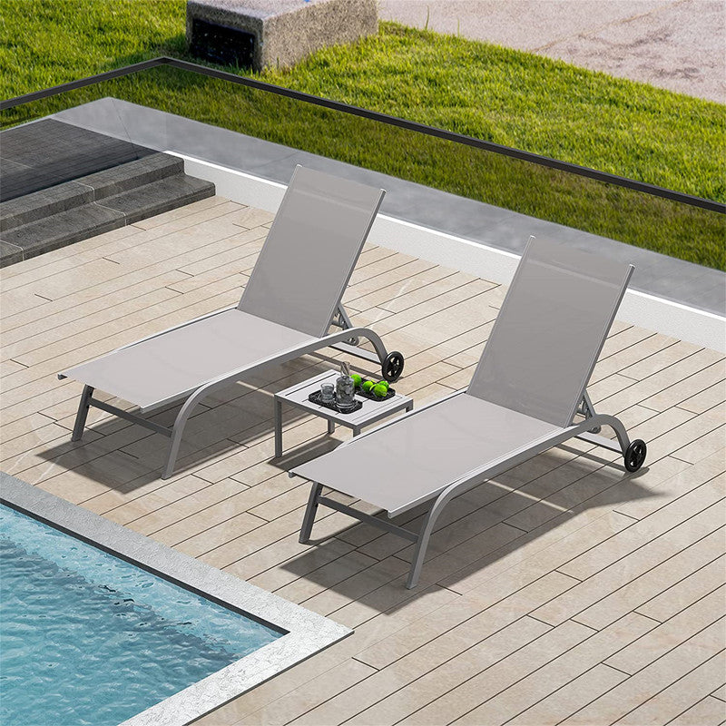 Set of 3 Lounge Chairs for Outside with Wheels 5 Adjustable Position Pool Lounge Chairs