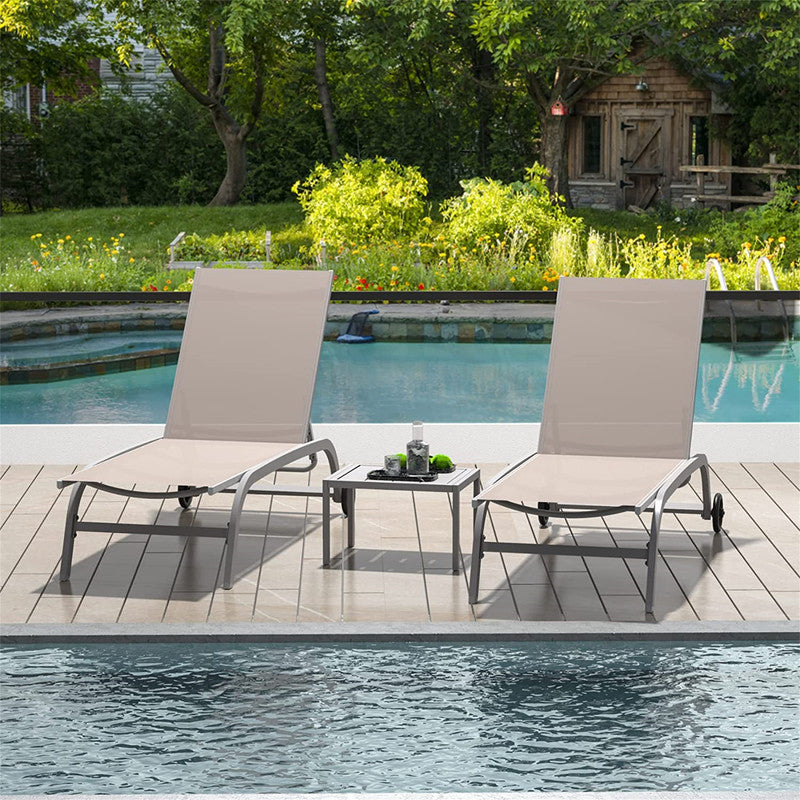 Set of 3 Lounge Chairs for Outside with Wheels 5 Adjustable Position Pool Lounge Chairs