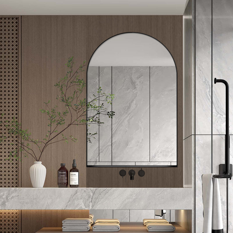 Arched Recessed Mirror Cabinet, Metal Framed Bathroom Wall Cabinet with Mirror and Adjustable Shelves