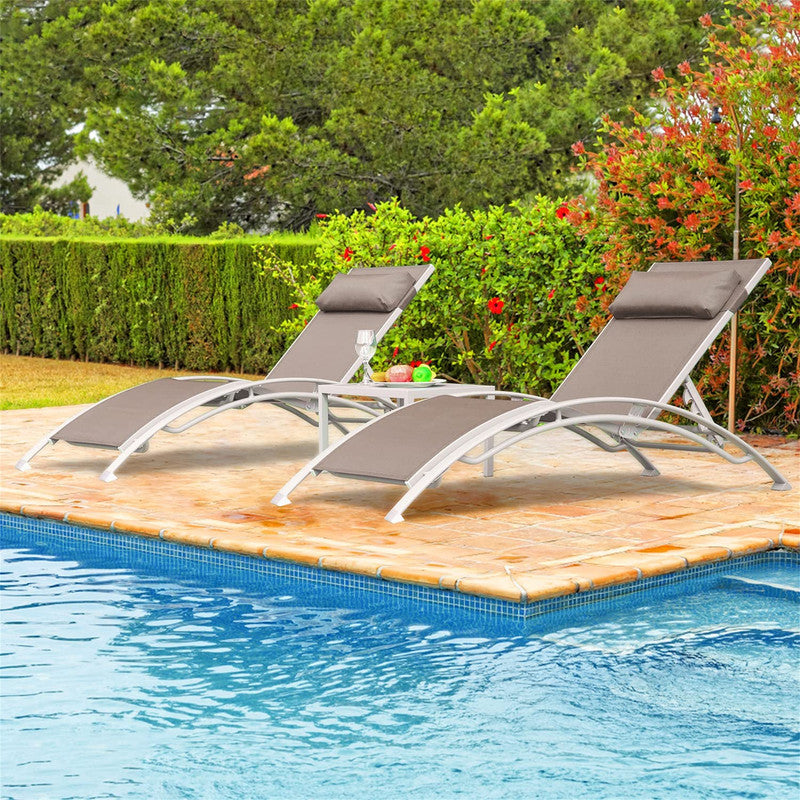 Set of 3 Pool Lounge Chairs Adjustable Aluminum Outdoor Chaise Lounge Chairs