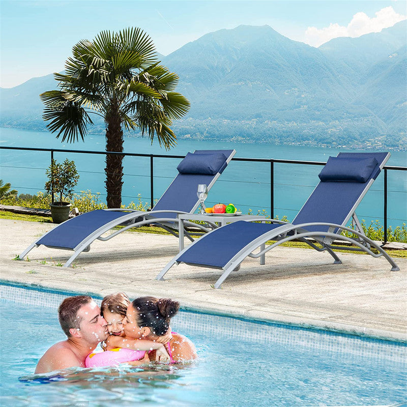 Set of 3 Pool Lounge Chairs Adjustable Aluminum Outdoor Chaise Lounge Chairs