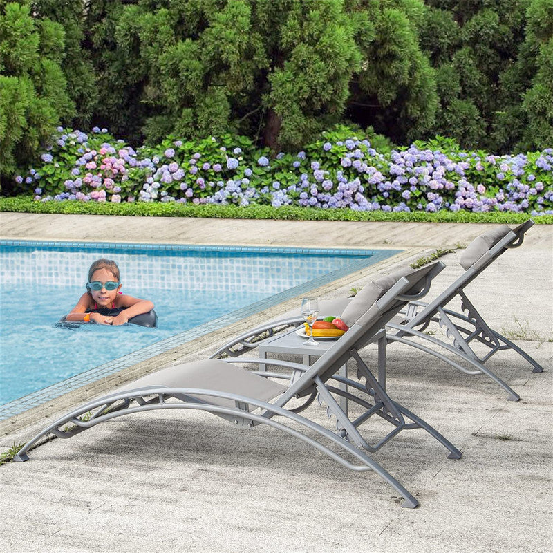 Set of 3 Pool Lounge Chairs Adjustable Aluminum Outdoor Chaise Lounge Chairs