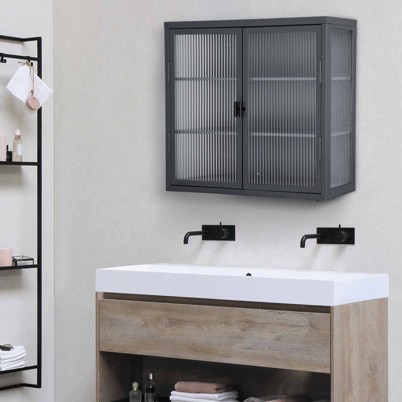 Retro Style Haze Double Glass Door Wall Cabinet with Detachable Shelves