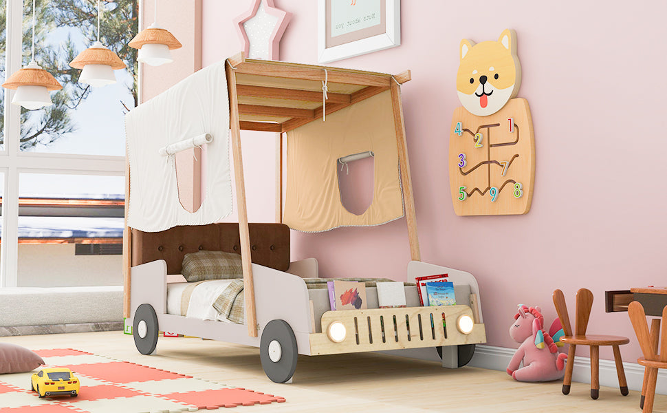 Wood Twin Size Car Bed with Pillow, Ceiling Cloth and LED