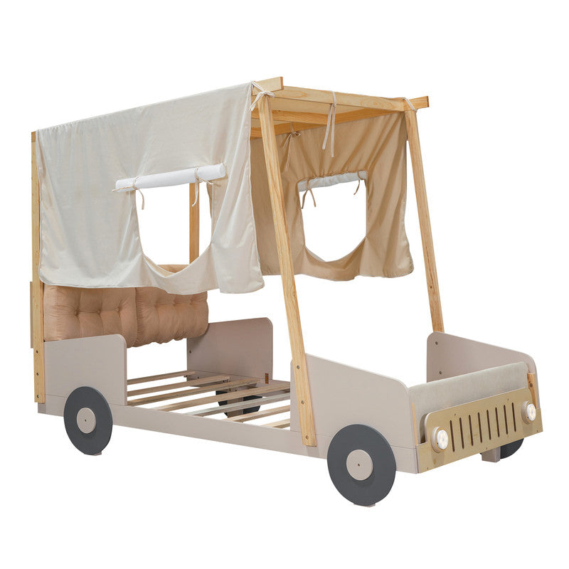 Wood Twin Size Car Bed with Pillow, Ceiling Cloth and LED