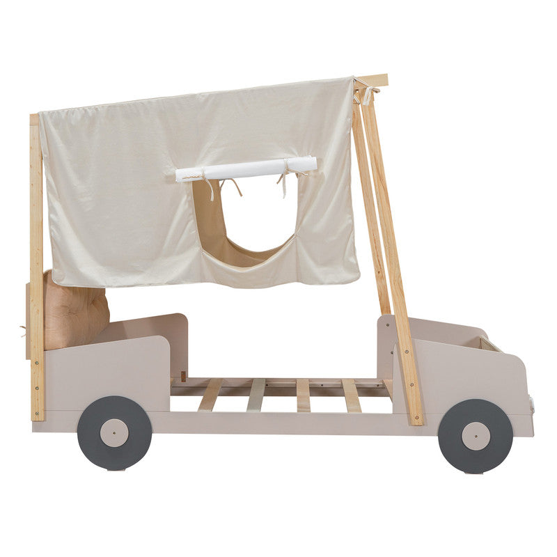 Wood Twin Size Car Bed with Pillow, Ceiling Cloth and LED