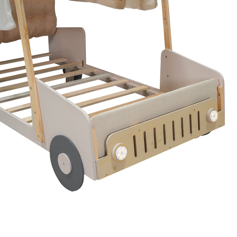 Wood Twin Size Car Bed with Pillow, Ceiling Cloth and LED