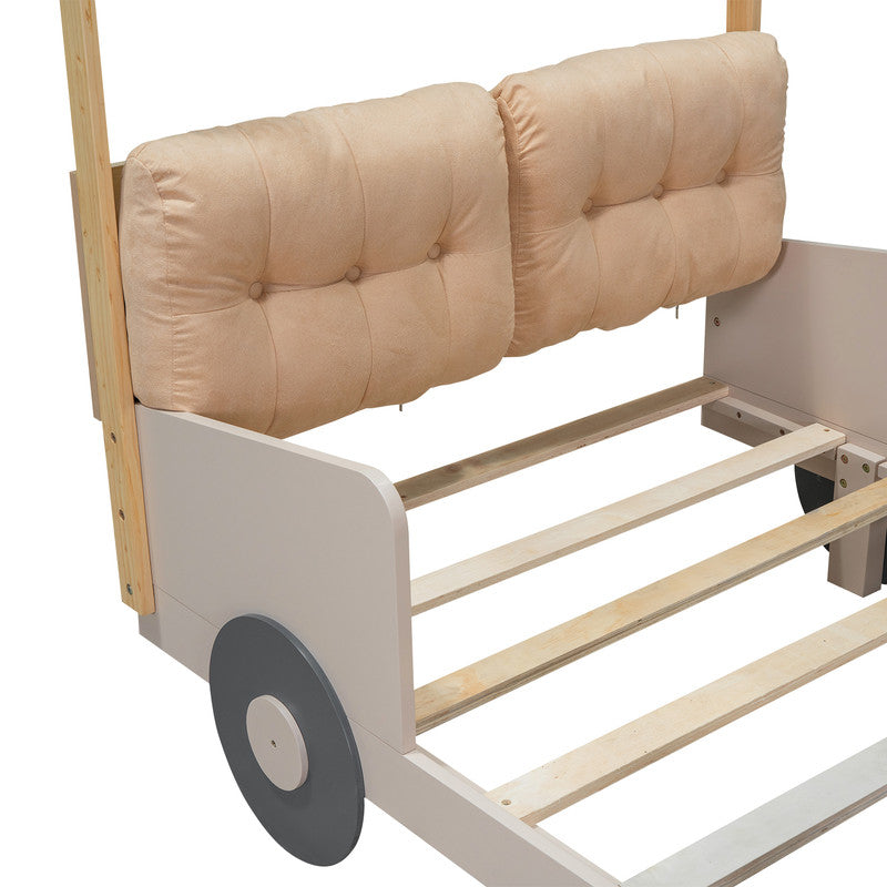 Wood Twin Size Car Bed with Pillow, Ceiling Cloth and LED