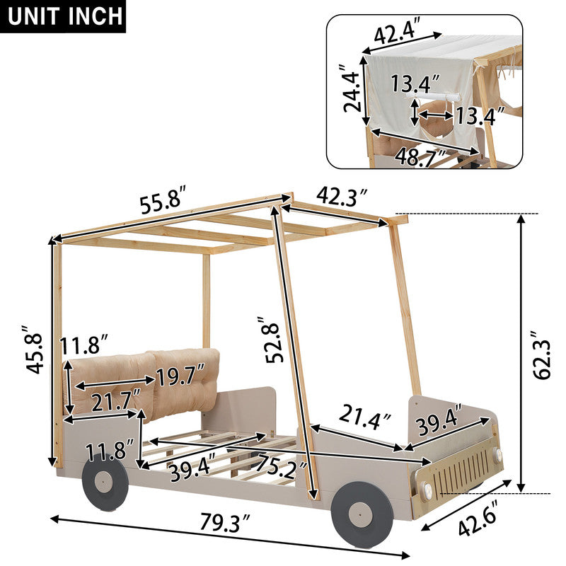 Wood Twin Size Car Bed with Pillow, Ceiling Cloth and LED