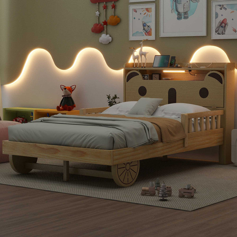 Full Size Car Bed with Bear-Shaped Headboard, USB and LED