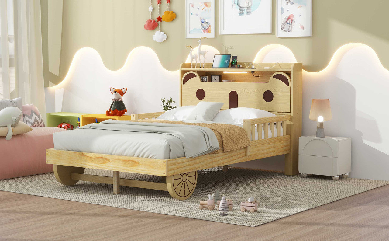 Full Size Car Bed with Bear-Shaped Headboard, USB and LED