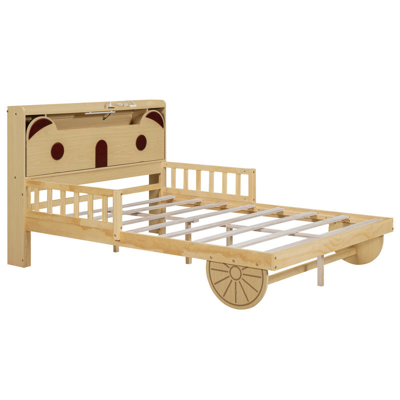 Full Size Car Bed with Bear-Shaped Headboard, USB and LED