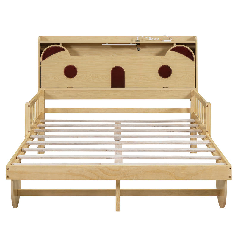 Full Size Car Bed with Bear-Shaped Headboard, USB and LED