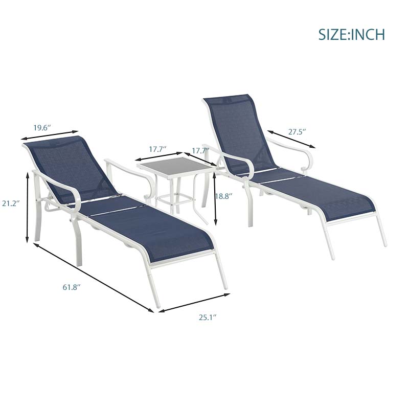 Set of 3 Patio Lounge Chair with 5 Adjustable Backrest, Sturdy Steel Frame