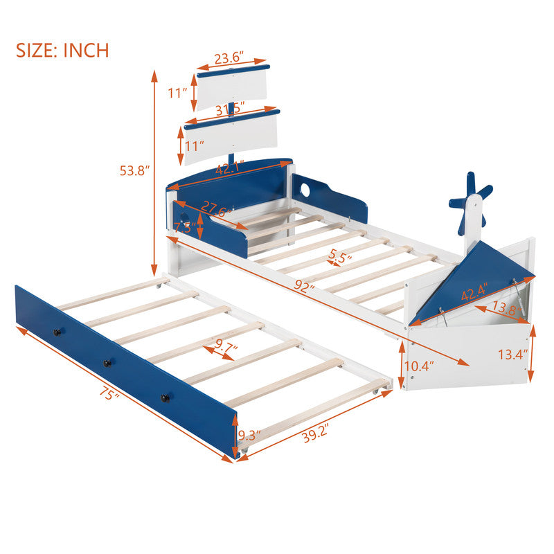 Twin Size Boat-Shaped Platform Bed with Twin Size Trundle and Storage