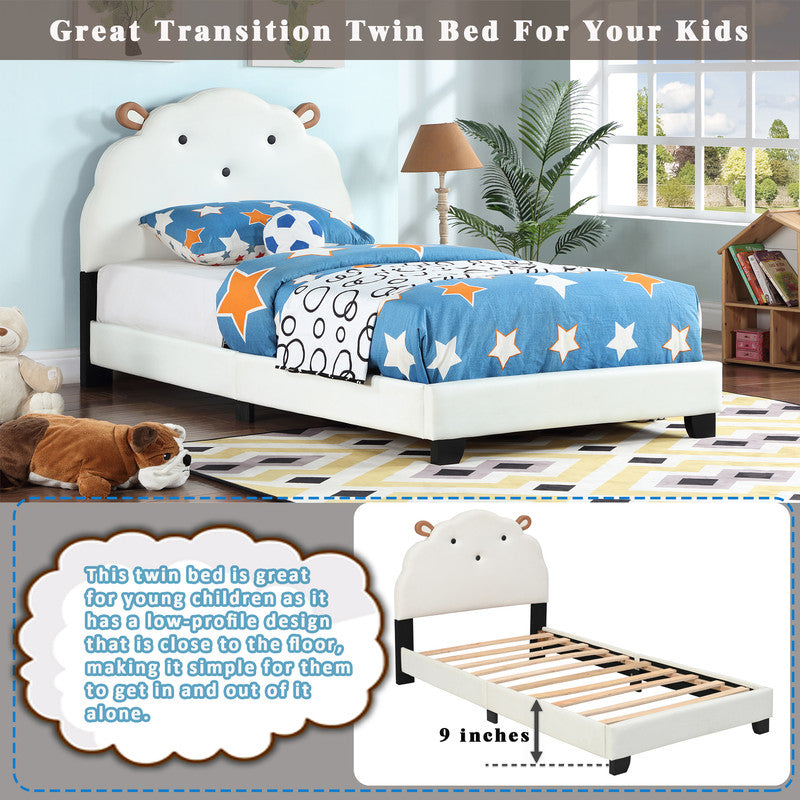 Upholstered Twin Size Platform Bed for Kids, Wooden Bed Frame with Slatted Bed Base