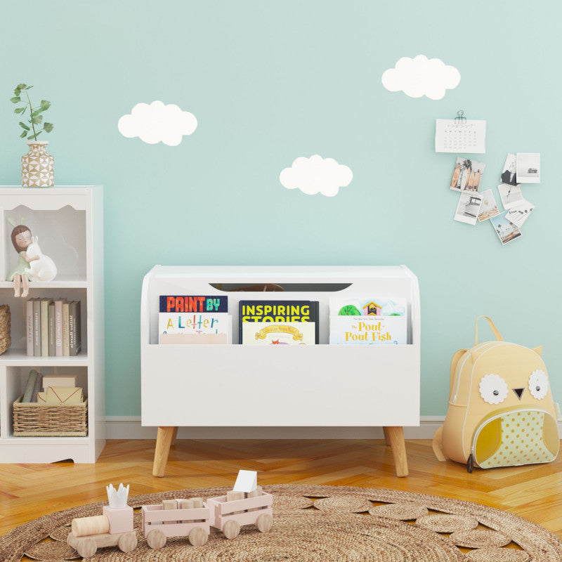 Wooden Toy Box Kids Toy Storage Organizer with Front Bookshelf, Flip-Top Lid