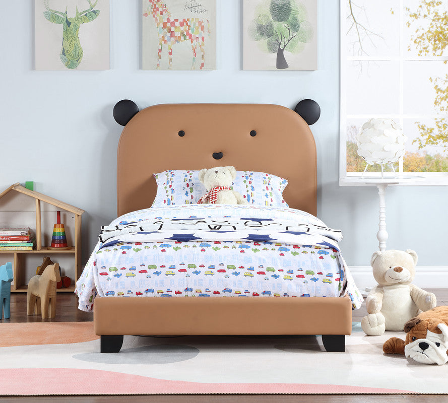 Upholstered Twin Size Platform Bed for Kids, Cute Bed Frame with Bear Design Headboard