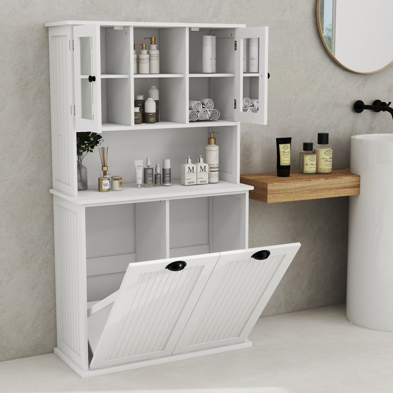 Two-Compartment Tilt-Out Dirty Laundry Basket Tall Bathroom Cabinet with 2 Adjustable Shelves