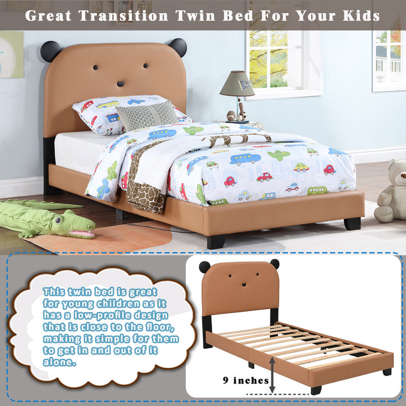 Upholstered Twin Size Platform Bed for Kids, Cute Bed Frame with Bear Design Headboard
