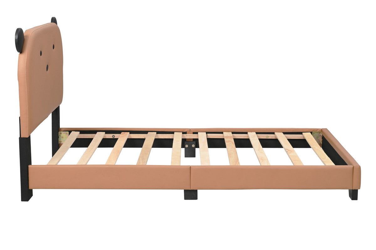 Upholstered Twin Size Platform Bed for Kids, Cute Bed Frame with Bear Design Headboard