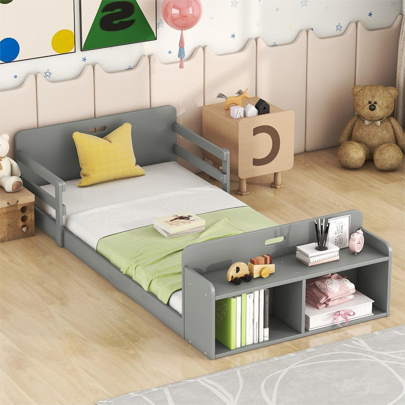 Twin Size Floor Bed with Storage Footboard and Guardrail