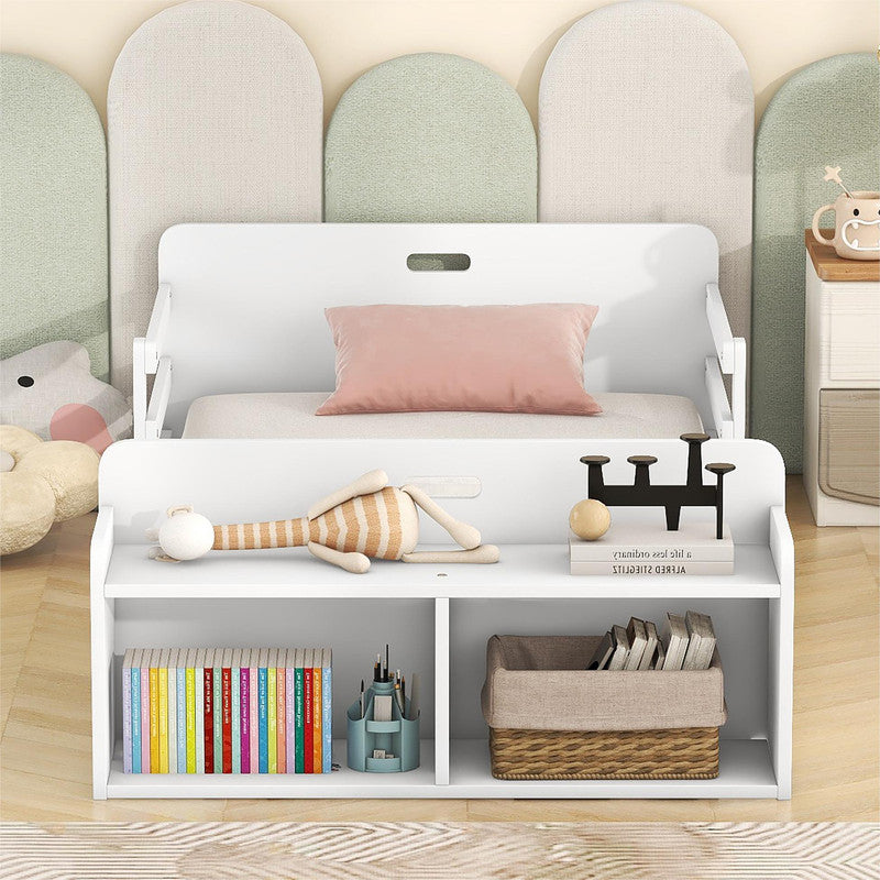 Twin Size Floor Bed with Storage Footboard and Guardrail