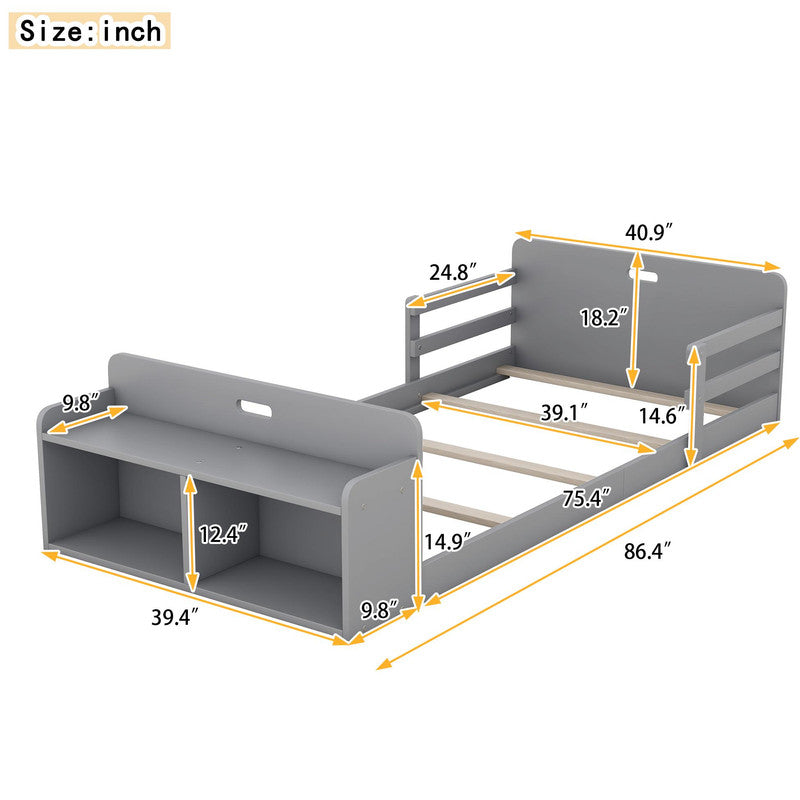 Twin Size Floor Bed with Storage Footboard and Guardrail