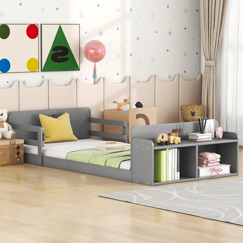 Twin Size Floor Bed with Storage Footboard and Guardrail