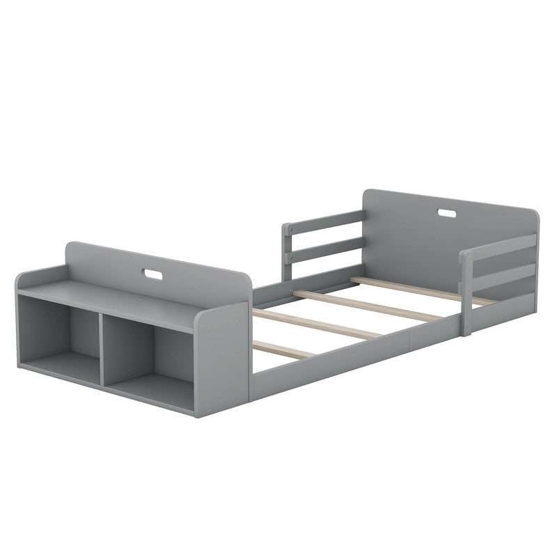 Twin Size Floor Bed with Storage Footboard and Guardrail