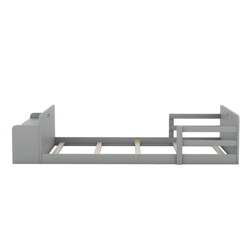 Twin Size Floor Bed with Storage Footboard and Guardrail
