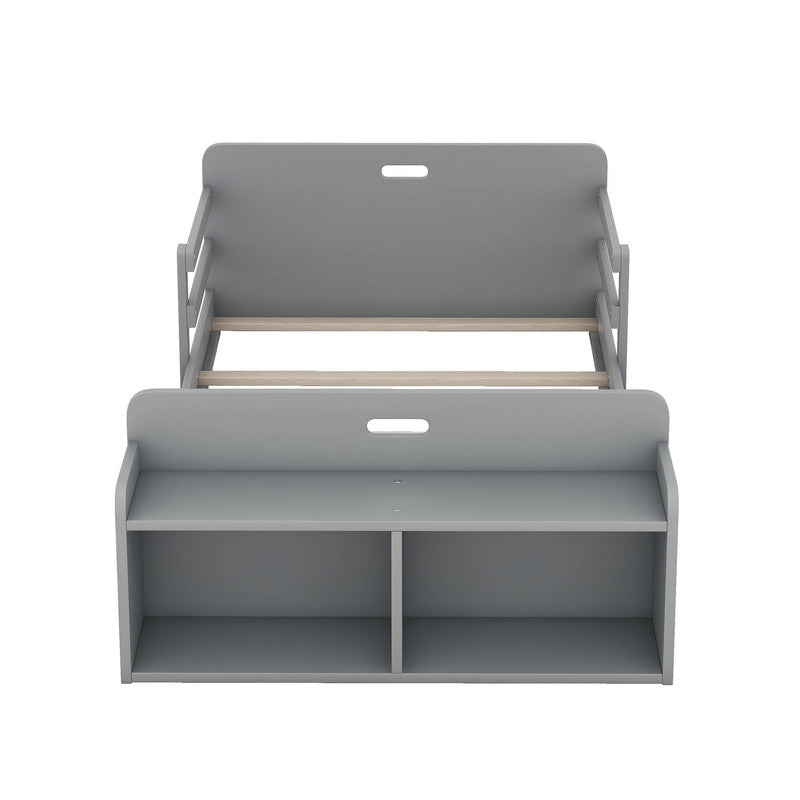 Twin Size Floor Bed with Storage Footboard and Guardrail