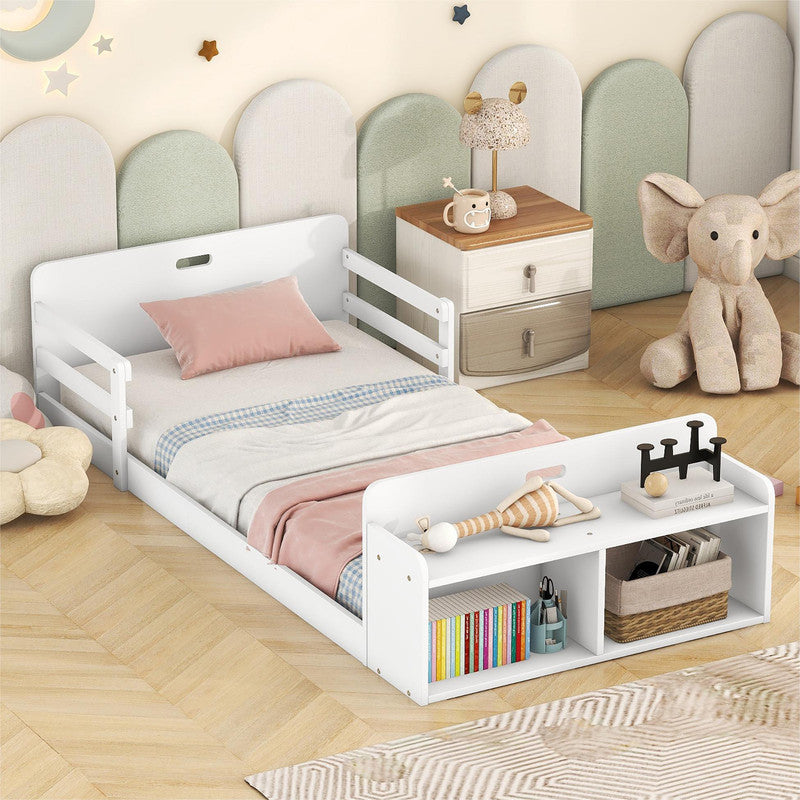 Twin Size Floor Bed with Storage Footboard and Guardrail