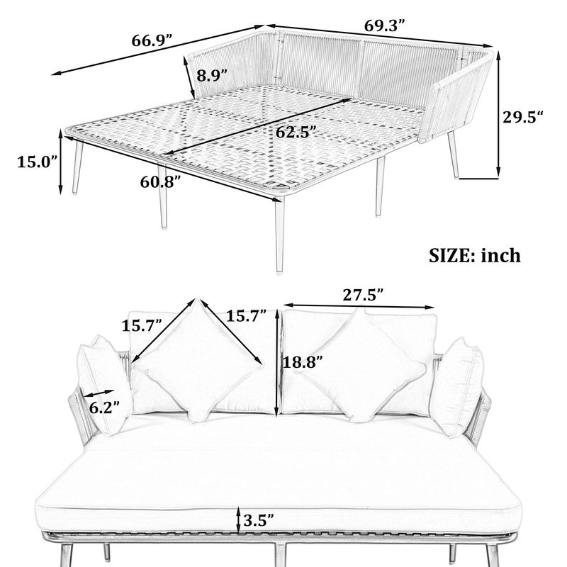 Outdoor Patio Daybed, Woven Nylon Rope Backrest with Washable Cushion