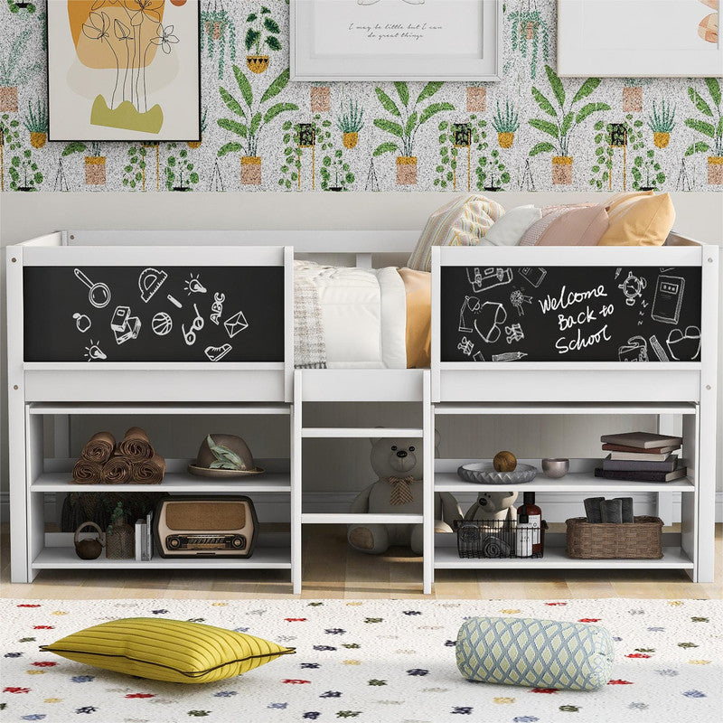 Twin Size Low Loft Bed with Two Movable Shelves and Ladder
