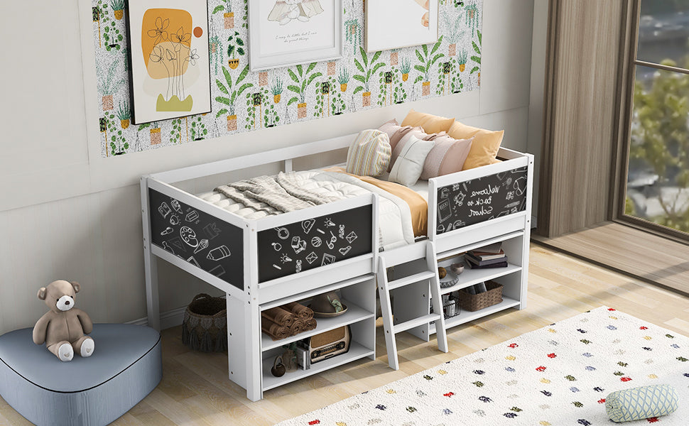Twin Size Low Loft Bed with Two Movable Shelves and Ladder