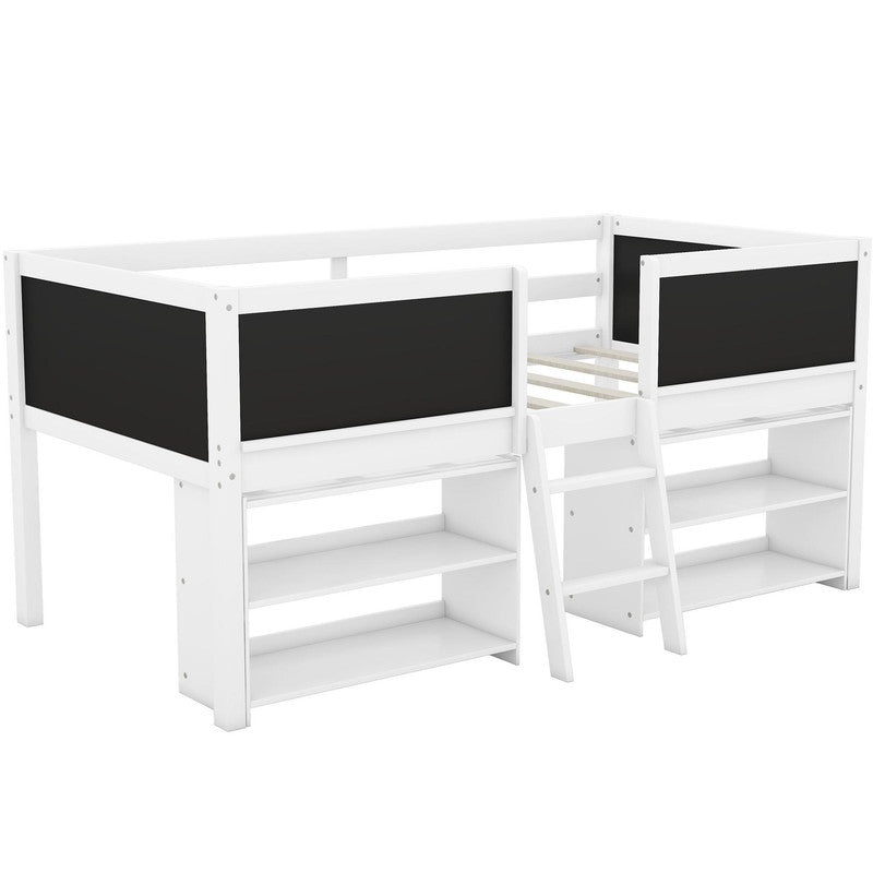 Twin Size Low Loft Bed with Two Movable Shelves and Ladder