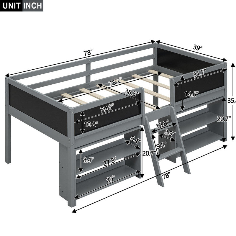 Twin Size Low Loft Bed with Two Movable Shelves and Ladder