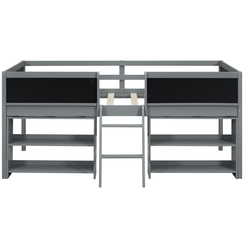 Twin Size Low Loft Bed with Two Movable Shelves and Ladder