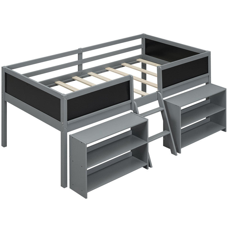 Twin Size Low Loft Bed with Two Movable Shelves and Ladder