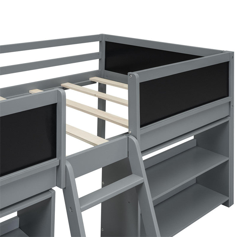 Twin Size Low Loft Bed with Two Movable Shelves and Ladder