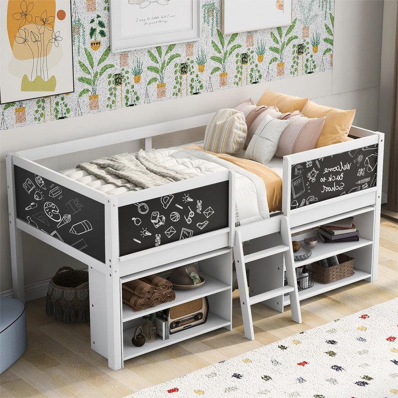Twin Size Low Loft Bed with Two Movable Shelves and Ladder