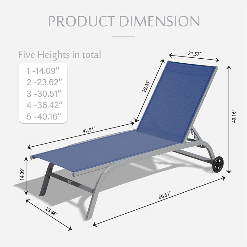 Set of 2 Lounge Chairs for Outside with Wheels 5 Adjustable Position Pool Lounge Chairs