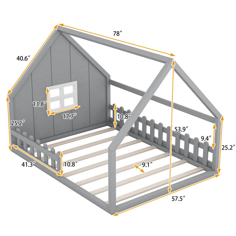 Full Size Wood Bed with Window and Fence