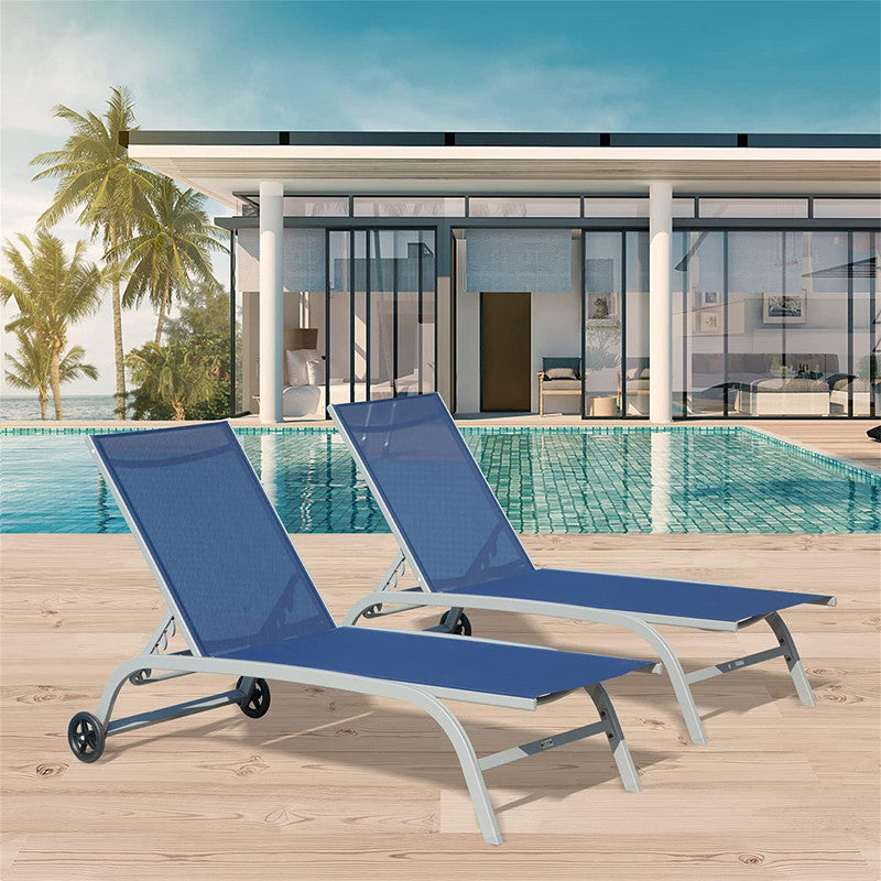 Set of 2 Lounge Chairs for Outside with Wheels 5 Adjustable Position Pool Lounge Chairs