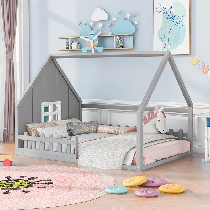 Full Size Wood Bed with Window and Fence