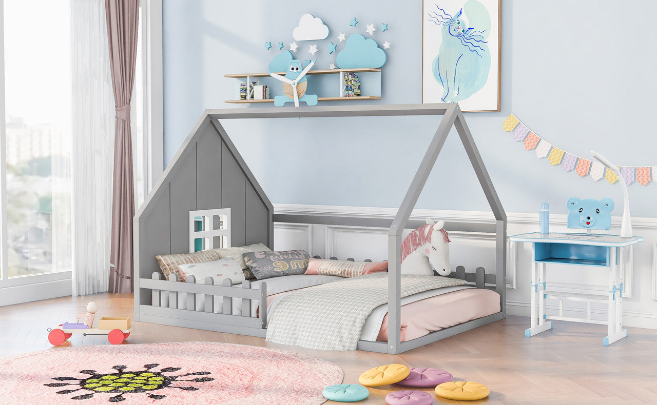 Full Size Wood Bed with Window and Fence